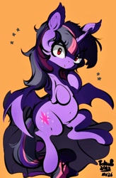 Size: 492x750 | Tagged: safe, artist:tohupo, character:twilight sparkle, character:twilight sparkle (alicorn), species:alicorn, species:bat pony, species:pony, bat ponified, female, mare, race swap, red eyes, simple background, solo, twibat, yellow background