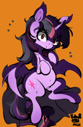 Size: 492x750 | Tagged: safe, artist:tohupo, character:twilight sparkle, character:twilight sparkle (alicorn), species:alicorn, species:bat pony, species:pony, bat ponified, female, mare, orange background, race swap, red eyes, simple background, solo, twibat