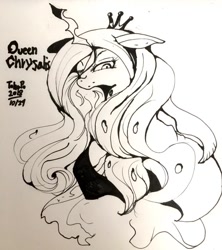 Size: 750x846 | Tagged: safe, artist:tohupo, character:queen chrysalis, species:changeling, inktober, changeling queen, crown, female, jewelry, regalia, solo, traditional art