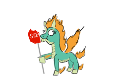 Size: 1500x1000 | Tagged: safe, artist:horsesplease, community related, character:tianhuo, them's fightin' herds, derp, eating, nom, paint tool sai, random, road sign, sign, simple background, smiling, solo, stop sign, tianhuo and a road sign, white background