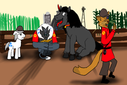 Size: 1500x1000 | Tagged: safe, artist:horsesplease, character:capper dapperpaws, character:double diamond, character:king sombra, species:abyssinian, species:anthro, my little pony: the movie (2017), behaving like a dog, clothing, coat, cowering, farm, heavy weapons guy, helmet, male, meet the soldier, paint tool sai, panting, scared, soldier, sombra dog, storm creature, storm guard, team fortress, team fortress 2, unamused, year of the dog