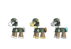 Size: 3543x2480 | Tagged: safe, artist:horsesplease, character:double diamond, character:feather bangs, oc, oc:morning hope, species:pony, armor, birthday gift art, combat armor, crossover, flack armor, flack jacket, helmet, imperial guard, imperial guardsman, imperial guardspony, imperium, male, paint tool sai, soldier, soldier pony, stallion, trio, warhammer (game), warhammer 40k