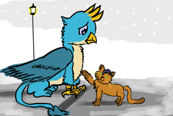 Size: 3543x2362 | Tagged: safe, artist:horsesplease, character:capper dapperpaws, character:gallus, species:griffon, my little pony: the movie (2017), :3, alone, cat, catified, crying, feral, lamp post, paint tool sai, sad, snow, species swap