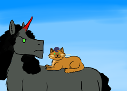 Size: 1400x1000 | Tagged: safe, artist:horsesplease, character:capper dapperpaws, character:king sombra, species:pony, species:unicorn, my little pony: the movie (2017), cat, catified, duo, king sombra is not amused, prone, smiling, species swap, unamused