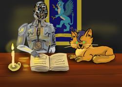 Size: 1400x1000 | Tagged: safe, artist:horsesplease, character:capper dapperpaws, character:gallus, species:griffon, my little pony: the movie (2017), automaton, banner, book, candle, cat, catified, cogman, crossover, paint tool sai, prone, reading, robot, species swap, transformers, transformers: the last knight