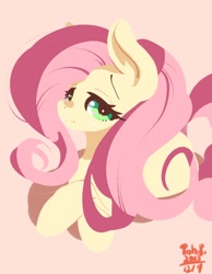 Size: 700x900 | Tagged: safe, artist:tohupo, character:fluttershy, species:pegasus, species:pony, cute, female, hooves, lidded eyes, lineless, looking at you, mare, pink background, prone, simple background, solo, three quarter view