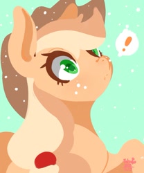 Size: 667x803 | Tagged: safe, artist:tohupo, character:applejack, species:earth pony, species:pony, clothing, cowboy hat, dialogue, exclamation point, female, hat, lineless, mare, snow, snowfall, solo, speech bubble