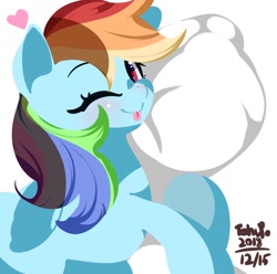 Size: 942x934 | Tagged: safe, artist:tohupo, character:rainbow dash, species:pegasus, species:pony, cute, female, heart, hooves, hug, lineless, mare, one eye closed, pillow, pillow hug, solo, tongue out, wings