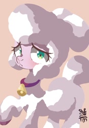 Size: 709x1015 | Tagged: safe, artist:tohupo, community related, character:pom lamb, species:sheep, them's fightin' herds, bell, bell collar, blushing, cloven hooves, collar, cute, digital art, female, lamb, looking at you, raised hoof, simple background, solo, tan background