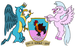 Size: 1400x900 | Tagged: safe, artist:horsesplease, character:gallus, character:silverstream, species:bird, species:chicken, species:classical hippogriff, species:griffon, species:hippogriff, species:rooster, ship:gallstream, cock-a-doodle-doo, crowing, duo, emblem, female, gallus the rooster, heart eyes, heraldry, male, paint tool sai, pun, river, shipping, silverstream the hen, simple background, straight, stream, supporters, visual gag, wingding eyes