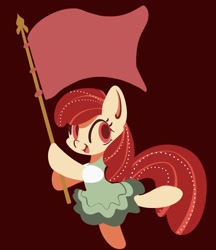 Size: 886x1024 | Tagged: safe, artist:tohupo, character:apple bloom, species:earth pony, species:pony, clothing, cute, dress, female, filly, flag, hoof hold, looking at you, open mouth, red background, simple background, skirt, smiling, solo
