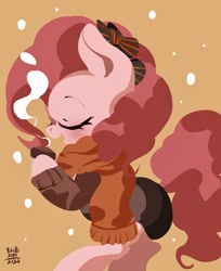 Size: 1063x1301 | Tagged: safe, artist:tohupo, character:pinkie pie, species:earth pony, species:pony, bow, brown background, clothing, coffee, cute, diapinkes, eyes closed, female, hair bow, mare, profile, scarf, simple background, smiling, solo, sweater