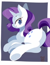 Size: 782x1024 | Tagged: safe, artist:tohupo, character:rarity, species:pony, species:unicorn, border, cute, dock, eyelashes, featureless crotch, female, gray background, horn, lineless, looking at you, looking back, looking back at you, mare, on side, plot, prone, raised tail, raribetes, simple background, smiling, solo, stylized, tail, underhoof