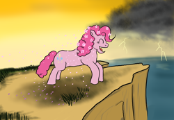 Size: 1300x900 | Tagged: safe, artist:horsesplease, character:pinkie pie, species:pony, cherry blossoms, cliff, dryad, flower, flower blossom, flower in hair, happy, laughing, ocean, paint tool sai, sakura pie, smiling, storm