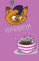 Size: 900x1400 | Tagged: safe, artist:horsesplease, character:capper dapperpaws, my little pony: the movie (2017), annoyed, barbed, barbed wire, cup, food, innuendo, paint tool sai, pun, surprised, tea, teacup