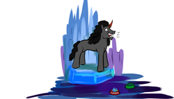 Size: 1400x800 | Tagged: safe, artist:horsesplease, character:king sombra, species:pony, barking, behaving like a dog, crystal, food bowl, insanity, paint tool sai, solo, sombra dog, that pony sure does love crystals, throne, water bowl, year of the dog