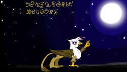 Size: 1400x800 | Tagged: safe, artist:horsesplease, character:gilda, species:griffon, constructed language, escapism, inspiration, little dipper, moon, night, paint tool sai, pointing, sarmelonid, solo, stars, vozonid