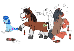 Size: 1300x900 | Tagged: safe, artist:horsesplease, character:party favor, character:trouble shoes, species:pony, alcohol, beer, budweiser, clydesdale, crossover, drunk, drunken shoes, horse, i didn't listen, mudsdale, pokémon