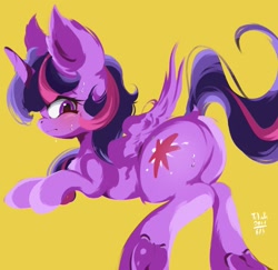 Size: 2027x1970 | Tagged: safe, artist:tohupo, character:twilight sparkle, character:twilight sparkle (alicorn), species:alicorn, species:pony, blushing, butt, ear fluff, eyes on the prize, female, mare, plot, simple background, solo, sweat, twibutt