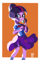 Size: 2183x3273 | Tagged: safe, artist:tohupo, character:twilight sparkle, character:twilight sparkle (scitwi), species:eqg human, g4, my little pony:equestria girls, beautiful, clothing, cute, female, food, geode of telekinesis, glasses, ice cream, magical geodes, moe, ponytail, skirt, socks, solo