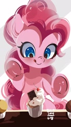 Size: 1150x2048 | Tagged: safe, artist:tohupo, character:pinkie pie, species:earth pony, species:pony, against glass, bipedal, cupcake, cute, diapinkes, eyes on the prize, female, food, glass, licking, licking lips, mare, smiling, solo, tongue out, underhoof, window