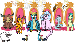 Size: 1400x800 | Tagged: safe, artist:horsesplease, character:gallus, character:gilda, character:ocellus, character:sandbar, character:silverstream, character:smolder, character:yona, species:bird, species:changeling, species:dragon, species:earth pony, species:griffon, species:hippogriff, species:pony, species:reformed changeling, species:rooster, species:sheep, species:yak, 60s spider-man, angel, background gilda, bad end, bloodstone scepter, cockatoo, colored, council of doom, crossover, crowing, crown, crown of grover, eagle, electro, evil gallus, evil grin, evil sandbar, evil silverstream, evil smolder, evil student six, evil yona, gallus the rooster, god-emperor of mankind, gods, good end, green goblin, grin, jewelry, khopesh, king gallus, me and the boys, meme, metal bawkses, paint tool sai, pokémon, queen silverstream, regalia, rhino tank, smiling, student six, sword, this will end in death, this will end in tears, this will end in tears and/or death, throne, vulture, weapon, wooloo