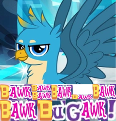 Size: 696x727 | Tagged: safe, artist:horsesplease, gameloft, character:gallus, behaving like a rooster, caption, clucking, expand dong, exploitable meme, gallus the rooster, image macro, meme, text