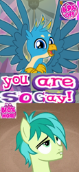 Size: 556x1212 | Tagged: safe, artist:horsesplease, character:gallus, character:sandbar, species:earth pony, species:griffon, species:pony, ship:gallbar, 69 (number), caption, crossed arms, expand dong, exploitable meme, gay, image macro, insanity, lip bite, male, meme, shipping, spread wings, super gay, text, wings