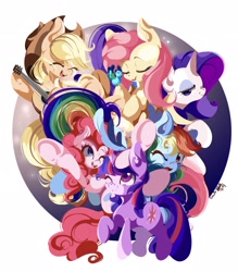 Size: 1792x2048 | Tagged: safe, artist:tohupo, character:applejack, character:fluttershy, character:pinkie pie, character:rainbow dash, character:rarity, character:twilight sparkle, character:twilight sparkle (alicorn), species:alicorn, species:bird, species:earth pony, species:pegasus, species:pony, species:unicorn, cute, eyes closed, female, guitar, mane six, mare, one eye closed, open mouth