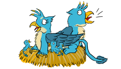 Size: 1400x800 | Tagged: safe, artist:horsesplease, character:gallus, oc, oc:megawatt, oc:pecker, oc:pincer, parent:gallus, parents:selfcest, species:griffon, behaving like a bird, behaving like a chicken, behaving like a rooster, chickub, crowing, female, gallgall, gallina, gallina the hen, gallus the rooster, griffon oc, male, multeity, nest, offspring, parent:gallina, parents:gallgall, product of incest, product of selfcest, rule 63, self griffondox, self paradox, self ponidox, selfcest, shipping, straight