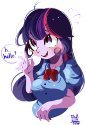 Size: 1269x1832 | Tagged: safe, artist:tohupo, character:twilight sparkle, my little pony:equestria girls, blushing, bust, dialogue, female, hello, open mouth, shy, simple background, smiling, solo, sweat, sweatdrops, waving, white background