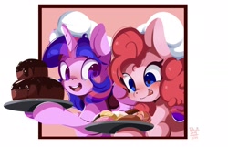 Size: 2048x1318 | Tagged: safe, artist:tohupo, character:pinkie pie, character:twilight sparkle, character:twilight sparkle (alicorn), species:alicorn, species:earth pony, species:pony, cake, chef's hat, chocolate cake, clothing, cooking, desert, donut, female, food, hat, mare, open mouth, smiling, tongue out