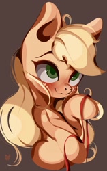 Size: 1395x2215 | Tagged: safe, artist:tohupo, character:applejack, species:earth pony, species:pony, blushing, clothing, cute, female, freckles, jackabetes, loose hair, mare, missing accessory, ribbon, smiling, solo