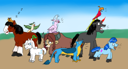 Size: 2200x1200 | Tagged: safe, artist:horsesplease, character:capper dapperpaws, character:captain celaeno, character:double diamond, character:gallus, character:king sombra, character:party favor, character:philomena, character:silverstream, character:trouble shoes, character:yona, species:parrot, species:phoenix, species:pony, species:yak, my little pony: the movie (2017), barking, cat, cloven hooves, clydesdale, crowing, doggie favor, farm, female, gallus the rooster, horse, male, onomatopoeia, screaming, silverstream the hen, sleeping, snoring, sombra dog, sound effects, stallion, unshorn fetlocks, zzz