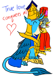 Size: 1000x1400 | Tagged: safe, artist:horsesplease, character:gabby, character:gallus, rabydosverse, ship:gabbus, behaving like a rooster, crowing, crown, emperor, empress, female, gallus the rooster, helmet, jewelry, king gallus, male, queen gabby, regalia, robe, shipping, straight, vozonid