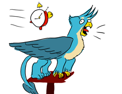 Size: 1300x1000 | Tagged: safe, artist:horsesplease, character:gallus, alarm clock, behaving like a bird, behaving like a rooster, catbird, clock, crowing, derp, gallus the rooster, griffons doing bird things, majestic as fuck, male, perching, smiling, stupid