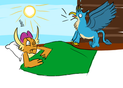 Size: 1400x1000 | Tagged: safe, artist:horsesplease, character:gallus, character:smolder, species:bird, species:dragon, species:griffon, angry, bed, behaving like a bird, blanket, crowing, derp, dragoness, fangs, female, frown, gallus the rooster, glare, griffons doing bird things, grumpy, male, morning, one eye closed, open mouth, pillow, sleeping, smolder is not amused, spread wings, sun, tongue out, unamused, waking up, wat, wide eyes, wings, wink