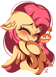 Size: 1159x1605 | Tagged: safe, artist:tohupo, character:fluttershy, species:pegasus, species:pony, blushing, bust, cute, dialogue, ear fluff, eyes closed, female, floppy ears, heart, mare, shyabetes, simple background, smiling, solo, speech bubble, three quarter view, wings