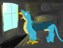 Size: 1300x1000 | Tagged: safe, artist:horsesplease, character:gallus, species:griffon, bed, behaving like a rooster, crowing, gallus the rooster, instinct, screaming, sun, waking up, window