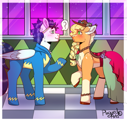 Size: 2101x2000 | Tagged: safe, artist:plagued-arts, character:applejack, character:soarin', species:earth pony, species:pegasus, species:pony, ship:soarinjack, clothing, dress, eye contact, female, gala dress, goggles, looking at each other, male, mare, raised hoof, shipping, stallion, straight, uniform, wonderbolts uniform