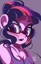 Size: 852x1309 | Tagged: safe, artist:tohupo, character:twilight sparkle, character:twilight sparkle (scitwi), species:eqg human, my little pony:equestria girls, blushing, breasts, bust, busty sci-twi, digital art, female, glasses, looking at you, open mouth, purple background, simple background, solo