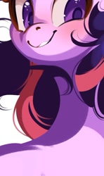 Size: 507x859 | Tagged: safe, artist:tohupo, character:twilight sparkle, species:pony, blushing, female, grin, simple background, smiling, solo, winter, wip