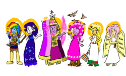 Size: 766x460 | Tagged: safe, artist:horsesplease, species:bird, rabydosverse, my little pony:equestria girls, armor, brown-eared bulbul, cherry blossoms, clothing, crown, dress, dryad, eqg promo pose set, flag, flower, flower blossom, goddess, halo, helmet, hiyodori, jewelry, magic, mallet, mithûra, mythology, ontemazei, regalia, sakura pie, winged human, winged humanoid