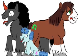 Size: 1057x756 | Tagged: safe, artist:horsesplease, character:king sombra, character:party favor, character:trouble shoes, species:pony, behaving like a dog, clydesdale, derp, doggie favor, drunk, drunken shoes, friesian horse, horse, labradoodle, panting, sombra dog, tongue out