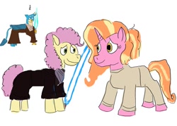 Size: 1057x756 | Tagged: safe, artist:horsesplease, character:gallus, character:li'l cheese, character:luster dawn, episode:the last problem, g4, my little pony: friendship is magic, anakin skywalker, attack of the clones, crossover, female, gallus is not amused, jedi, lightsaber, lustercheese, male, obi wan kenobi, older li'l cheese, padme amidala, revenge of the sith, star wars, straight, unamused, weapon