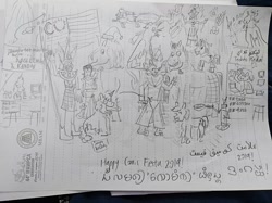 Size: 1024x766 | Tagged: safe, artist:horsesplease, character:capper dapperpaws, character:double diamond, character:gallus, character:party favor, character:sandbar, character:trouble shoes, arabic, baju melayu, comic fiesta, crossover, doggie favor, flying, galarian ponyta, gallus the rooster, goddess, jawi, jetpack, kawi, keith kogane, lined paper, malay, malaysia, meteor, mudsdale, peridot (steven universe), pokémon, ponyta, sarong, spinel (steven universe), steven universe, this will end in fire, traditional art, voltron, vozonid, wooloo