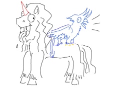 Size: 1024x732 | Tagged: safe, artist:horsesplease, character:gallus, character:king sombra, species:pony, species:unicorn, crowing, derp, friesian horse, gallus the rooster, lineart, male, panting, sombra dog, stallion, tongue out