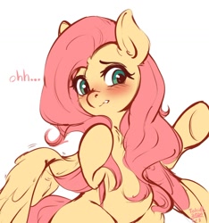 Size: 1392x1489 | Tagged: safe, artist:tohupo, character:fluttershy, species:pegasus, species:pony, blushing, chest fluff, cute, ear fluff, female, mare, reaching, shyabetes, simple background, solo, spread wings, unsure, white background, wings