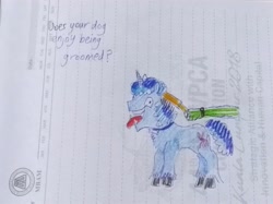 Size: 4032x3016 | Tagged: safe, artist:horsesplease, character:party favor, oc, oc:anon, brushing, doggie favor, i didn't listen, lined paper, panting, traditional art