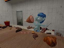 Size: 1024x768 | Tagged: safe, artist:horsesplease, character:party favor, 3d, bacon, bone, burger, chicken meat, doggie favor, food, fried chicken, gmod, ham, hamburger, happy, hoof hold, hot dog, kfc, meat, pizza, ponies eating meat, roast chicken, sausage, steak